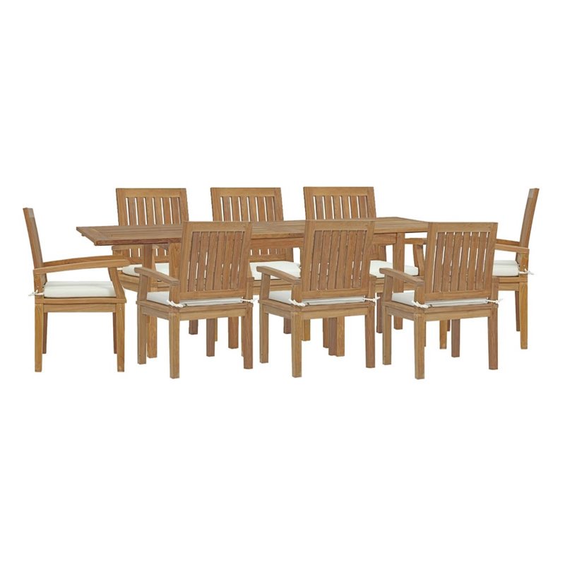 Modway Marina 9-Piece Modern Solid Teak Wood Patio Dining Set in Natural/White