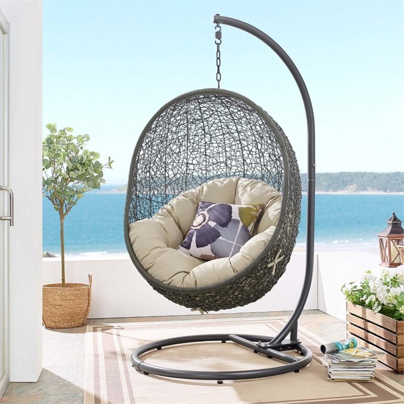 Modway Hide Modern Rattan/Fabric Outdoor Swing Chair with Stand in Beige/Gray