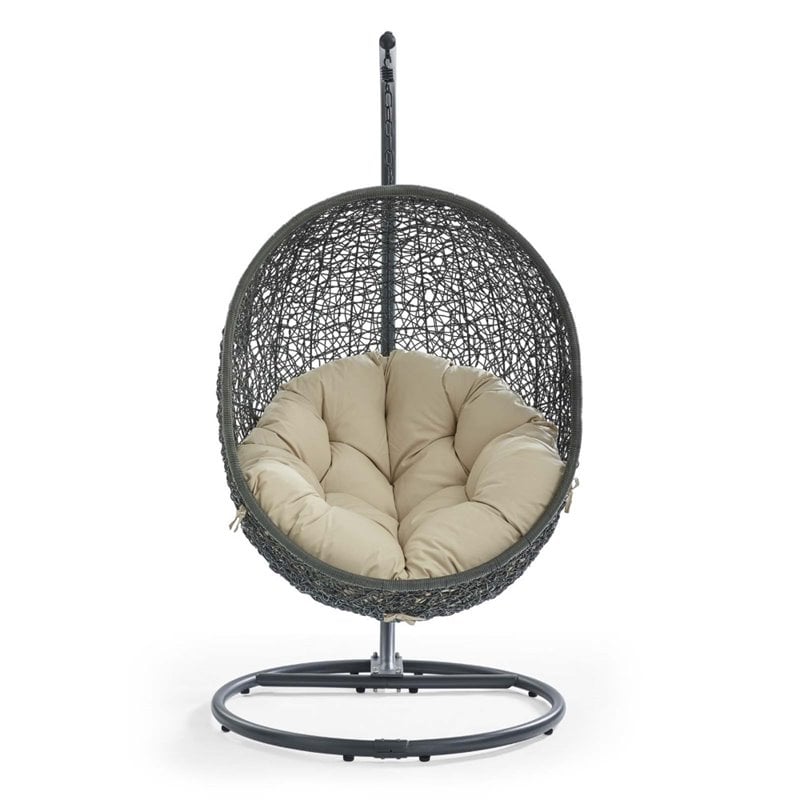 Modway Hide Modern Rattan/Fabric Outdoor Swing Chair with Stand in Beige/Gray