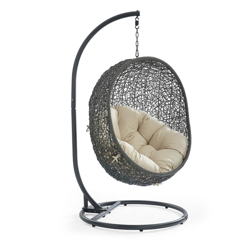 Modway Hide Modern Rattan/Fabric Outdoor Swing Chair with Stand in Beige/Gray