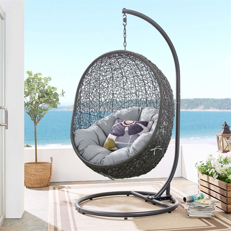 Modway Hide Modern Rattan/Fabric Outdoor Swing Chair with Stand in Gray