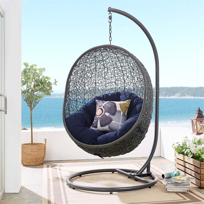 Modway Hide Modern Rattan/Fabric Outdoor Swing Chair with Stand in Navy/Gray
