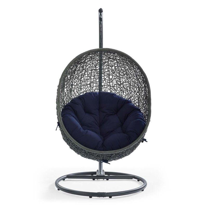 Modway Hide Modern Rattan/Fabric Outdoor Swing Chair with Stand in Navy/Gray