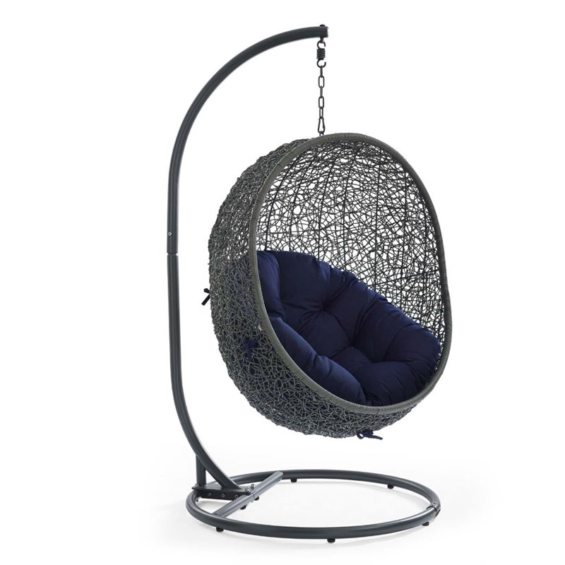 Modway Hide Modern Rattan/Fabric Outdoor Swing Chair with Stand in Navy/Gray