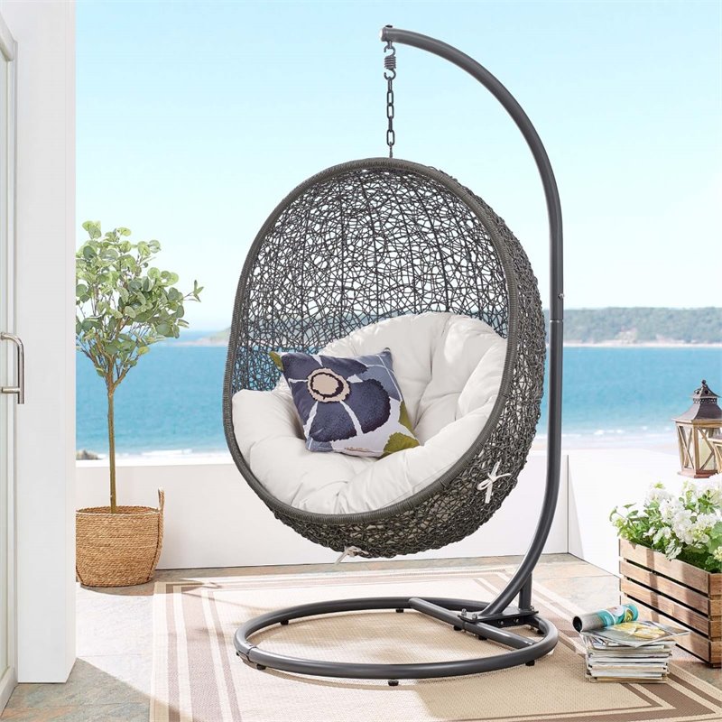 Modway Hide Modern Rattan/Fabric Outdoor Swing Chair with Stand in Gray/White