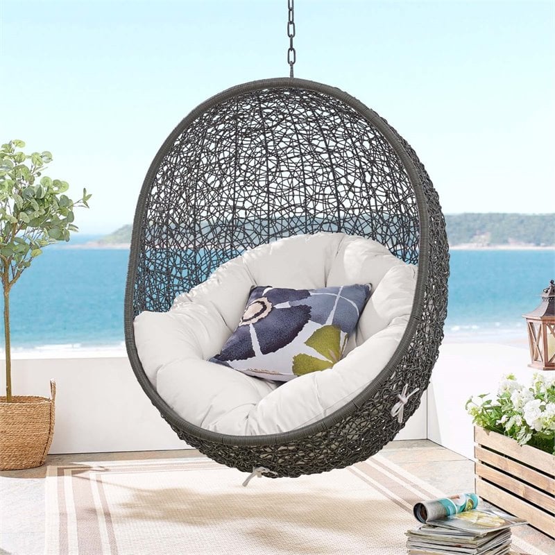 Modway Hide Modern Rattan/Fabric Outdoor Swing Chair with Stand in Gray/White