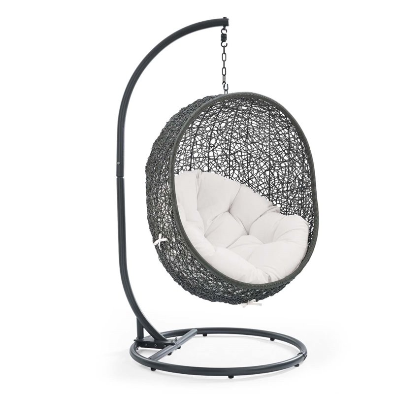 Modway Hide Modern Rattan/Fabric Outdoor Swing Chair with Stand in Gray/White