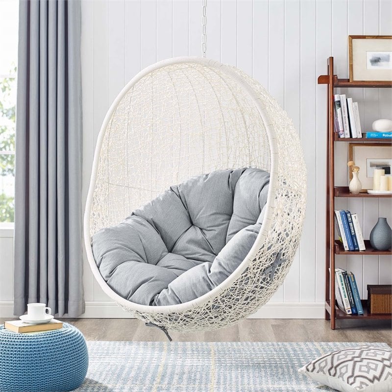 Modway Hide Modern Rattan/Fabric Outdoor Swing Chair with Stand in White/Gray