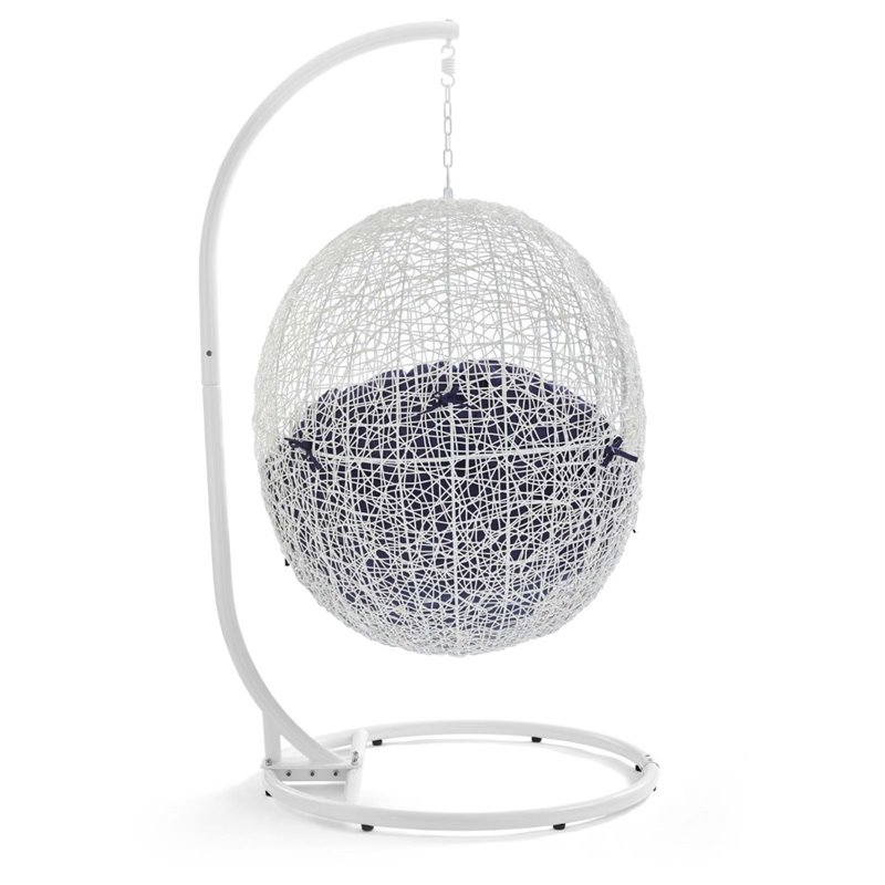 Modway Hide Modern Rattan/Fabric Outdoor Swing Chair with Stand in White/Navy