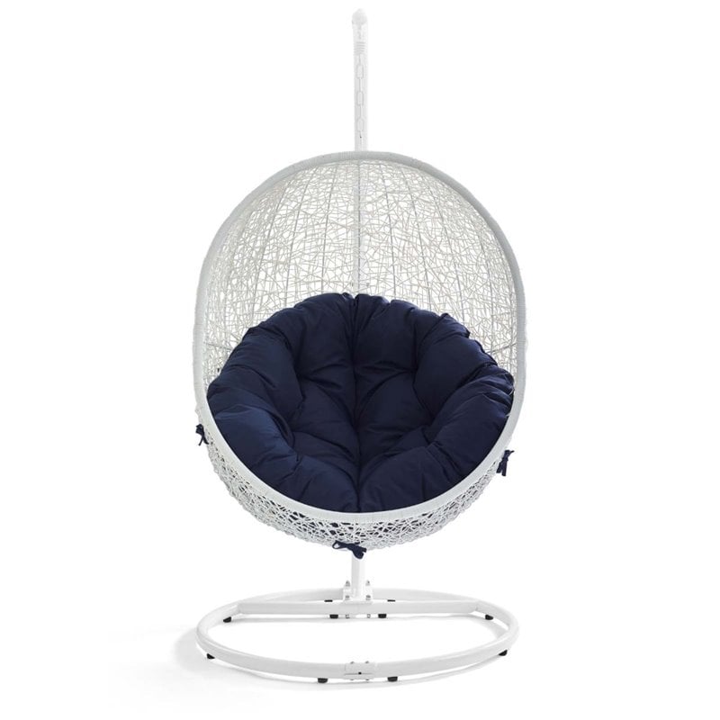 Modway Hide Modern Rattan/Fabric Outdoor Swing Chair with Stand in White/Navy