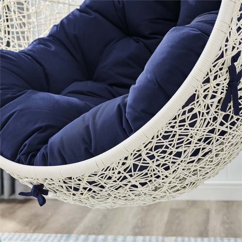 Modway Hide Modern Rattan/Fabric Outdoor Swing Chair with Stand in White/Navy