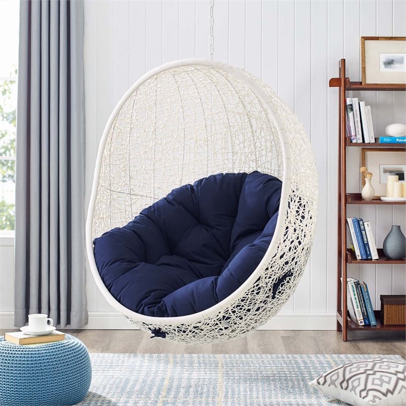 Modway Hide Modern Rattan/Fabric Outdoor Swing Chair with Stand in White/Navy