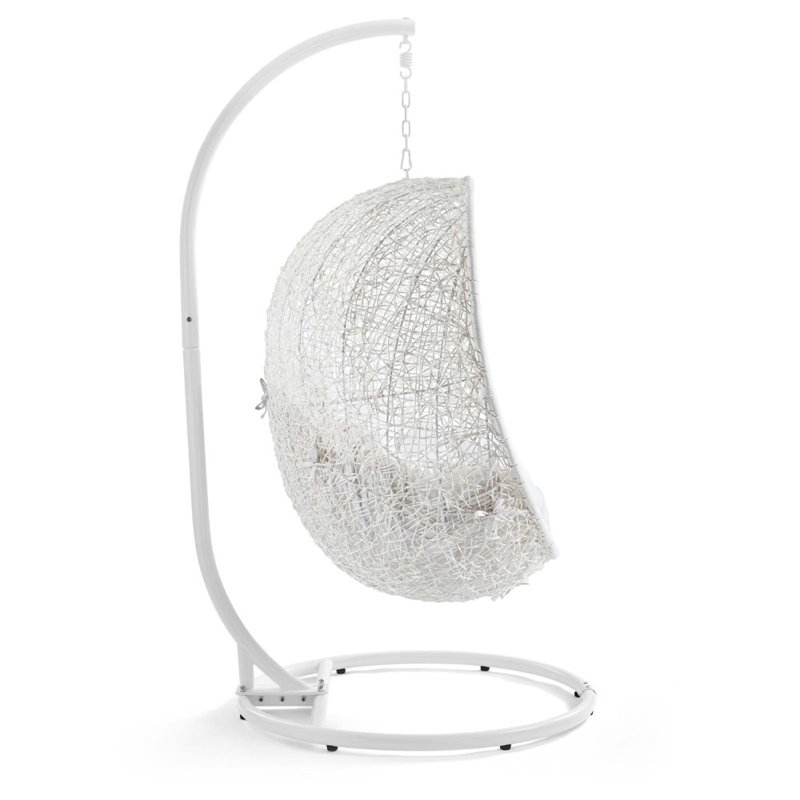 Modway Hide Modern Rattan/Fabric Outdoor Swing Chair with Stand in White/White