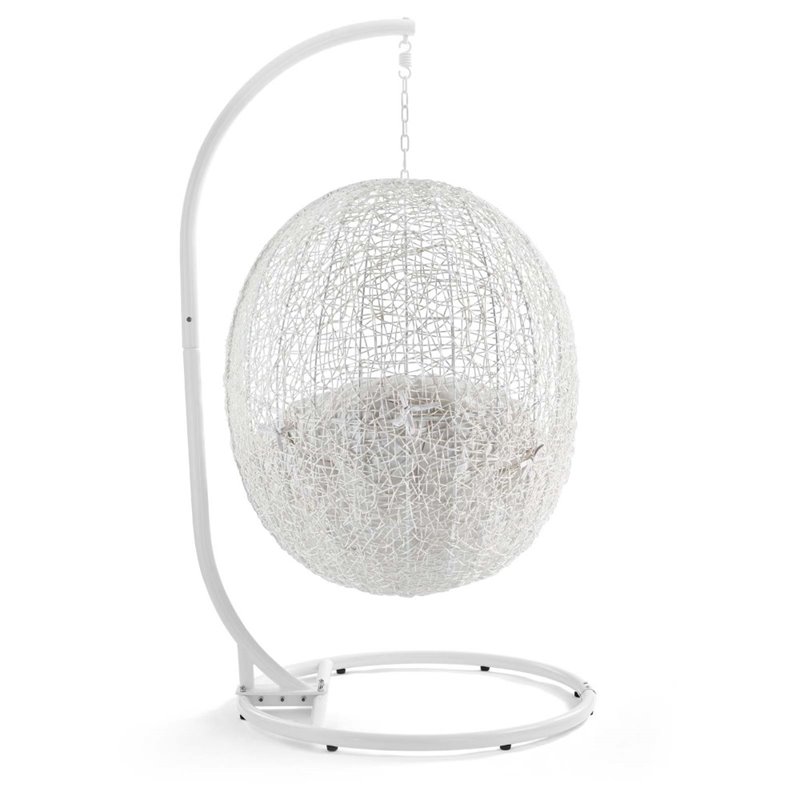 Modway Hide Modern Rattan/Fabric Outdoor Swing Chair with Stand in White/White