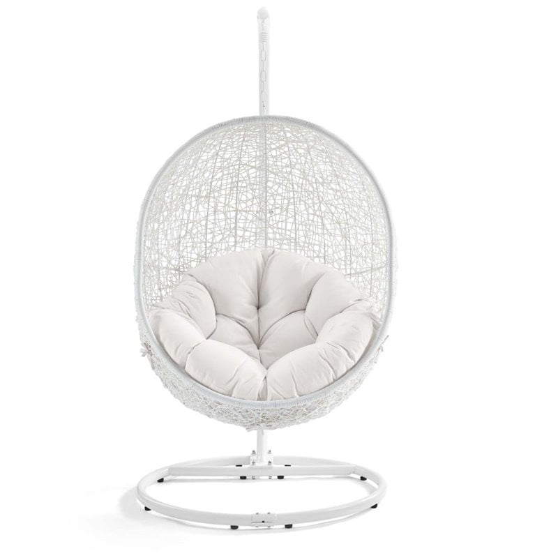 Modway Hide Modern Rattan/Fabric Outdoor Swing Chair with Stand in White/White