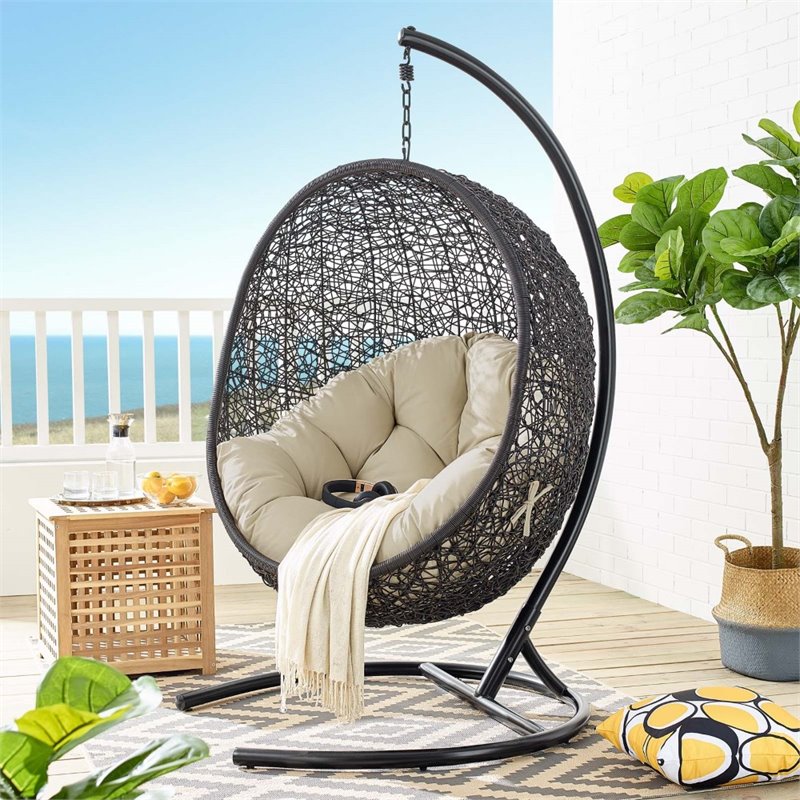 Modway Encase Modern Rattan/Fabric Outdoor Swing Chair with Stand in Black/Beige