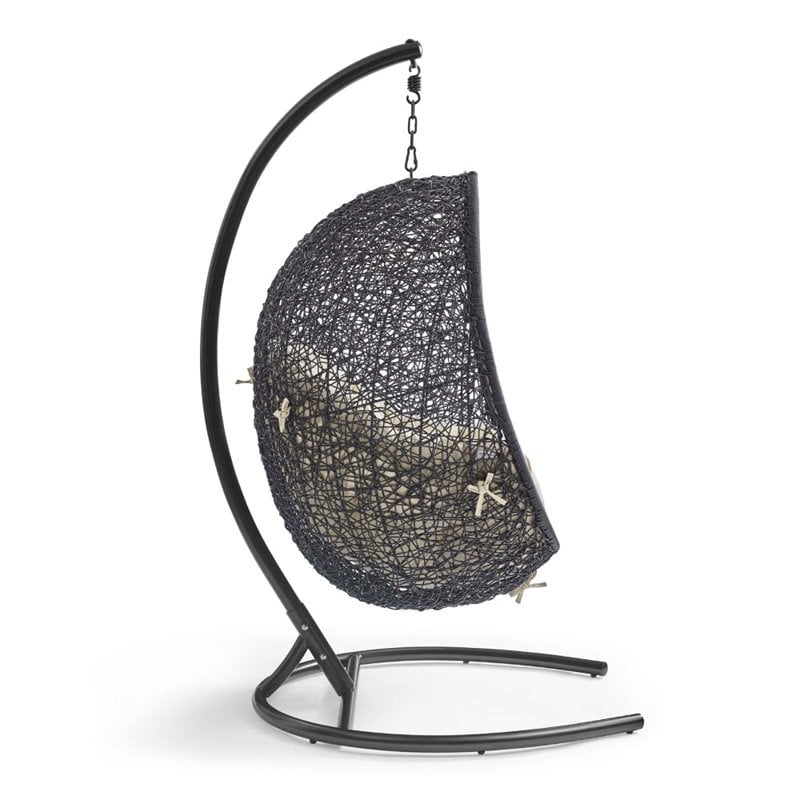 Modway Encase Modern Rattan/Fabric Outdoor Swing Chair with Stand in Black/Beige