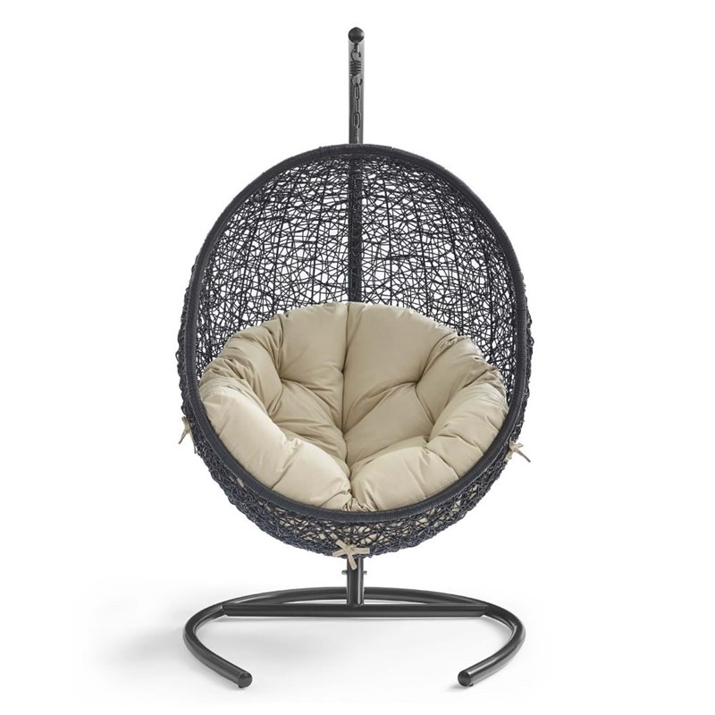 Modway Encase Modern Rattan/Fabric Outdoor Swing Chair with Stand in Black/Beige