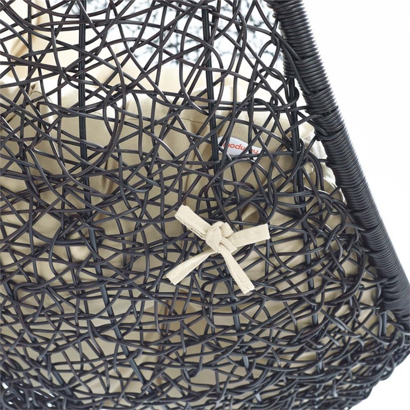 Modway Encase Modern Rattan/Fabric Outdoor Swing Chair with Stand in Black/Beige