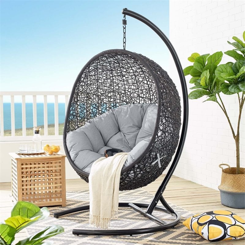 Modway Encase Modern Rattan/Fabric Outdoor Swing Chair with Stand in Black/Gray