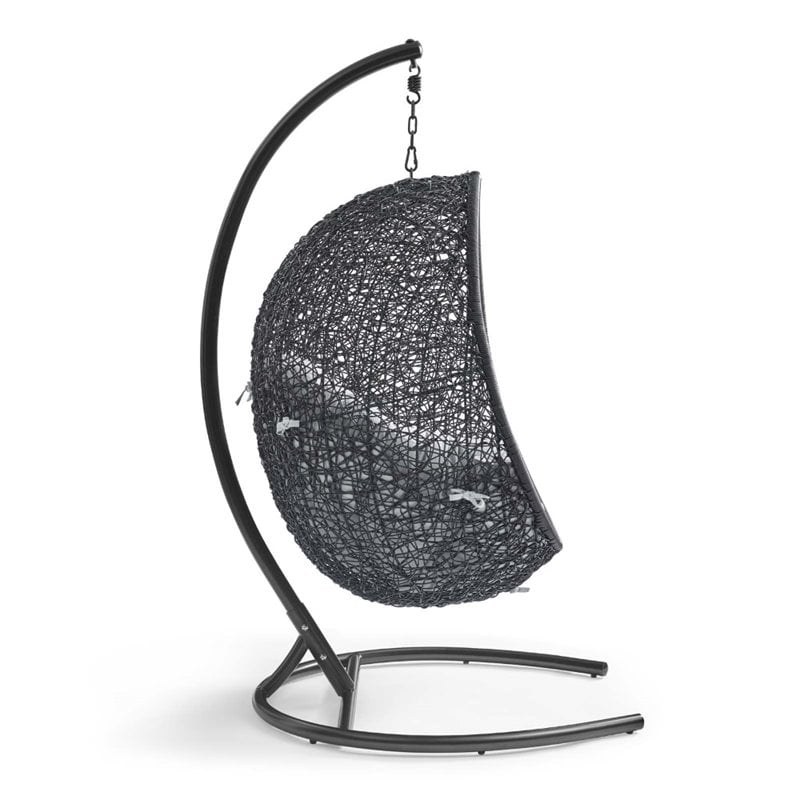 Modway Encase Modern Rattan/Fabric Outdoor Swing Chair with Stand in Black/Gray