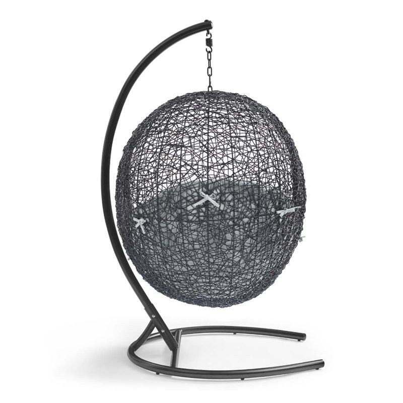 Modway Encase Modern Rattan/Fabric Outdoor Swing Chair with Stand in Black/Gray