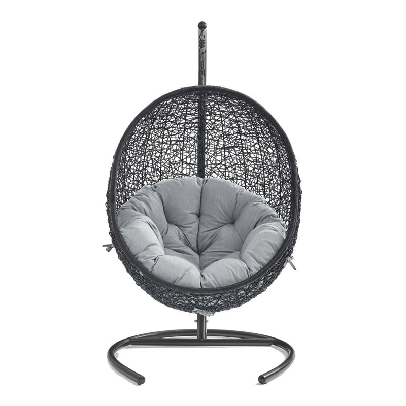 Modway Encase Modern Rattan/Fabric Outdoor Swing Chair with Stand in Black/Gray