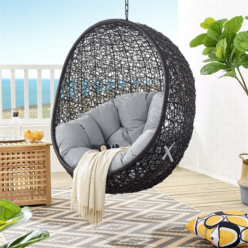 Modway Encase Modern Rattan/Fabric Outdoor Swing Chair with Stand in Black/Gray