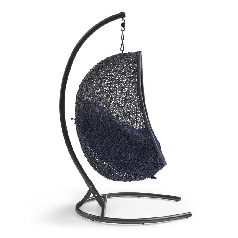 Modway Encase Modern Rattan/Fabric Outdoor Swing Chair with Stand in Black/Navy