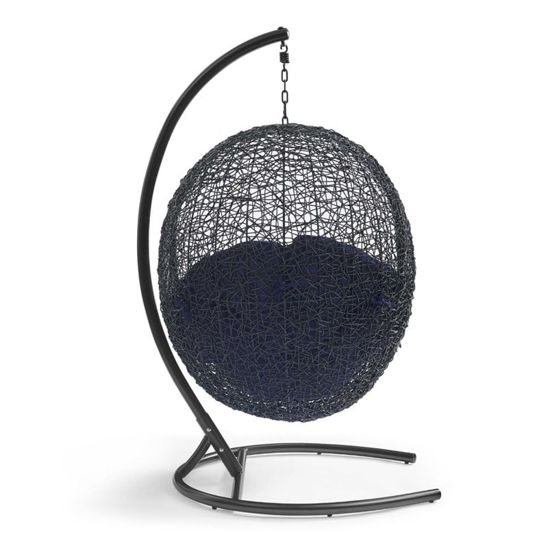 Modway Encase Modern Rattan/Fabric Outdoor Swing Chair with Stand in Black/Navy