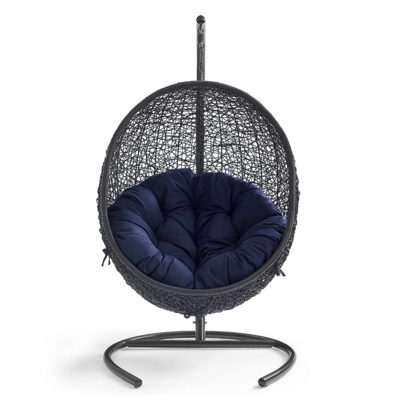 Modway Encase Modern Rattan/Fabric Outdoor Swing Chair with Stand in Black/Navy