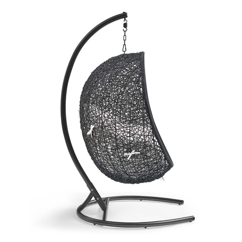 Modway Encase Modern Rattan/Fabric Outdoor Swing Chair with Stand in Black/White