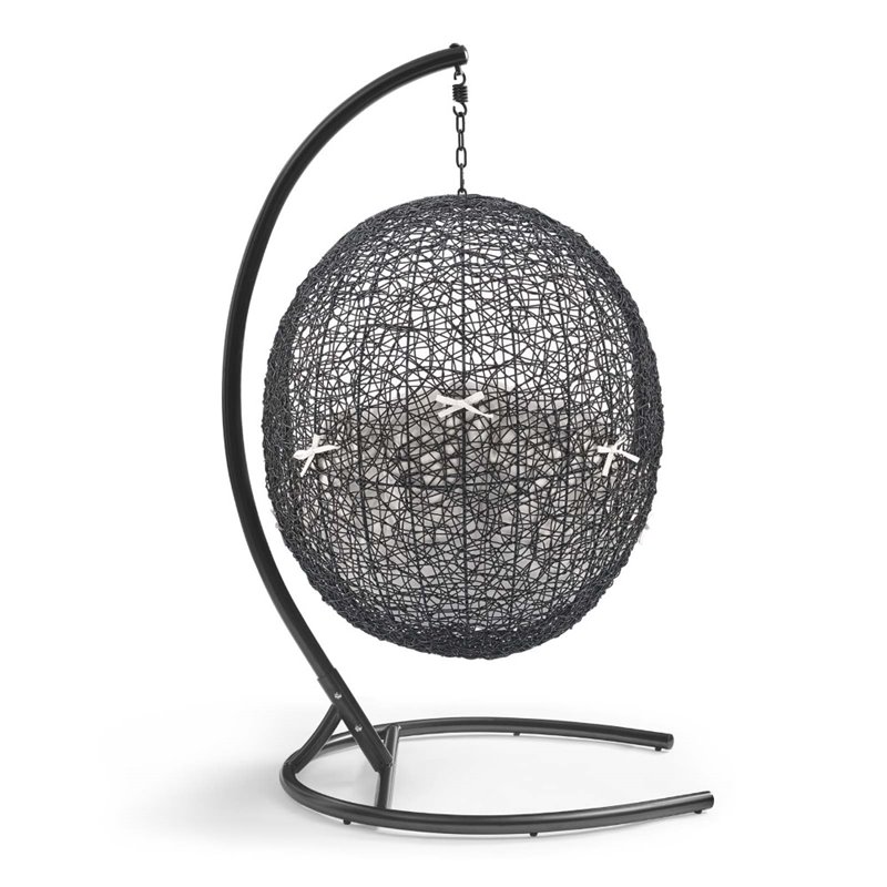 Modway Encase Modern Rattan/Fabric Outdoor Swing Chair with Stand in Black/White