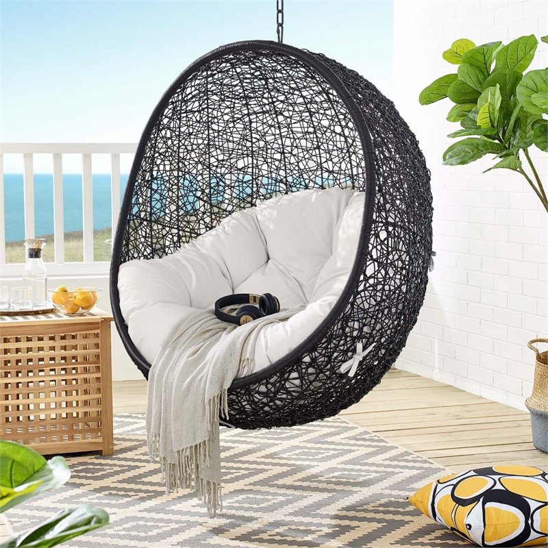 Modway Encase Modern Rattan/Fabric Outdoor Swing Chair with Stand in Black/White