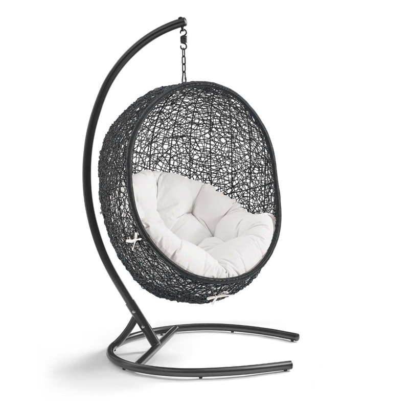 Modway Encase Modern Rattan/Fabric Outdoor Swing Chair with Stand in Black/White