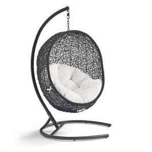 modway encase modern rattan/fabric outdoor swing chair with stand in black/white