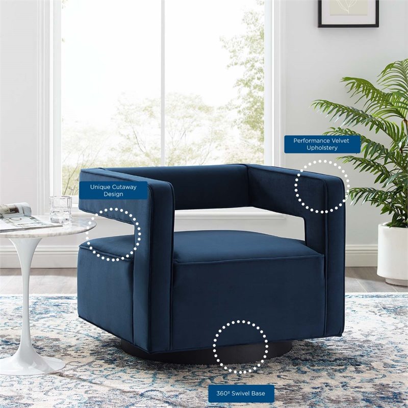 Modway Booth Modern Performance Velvet Swivel Armchair in Midnight Blue