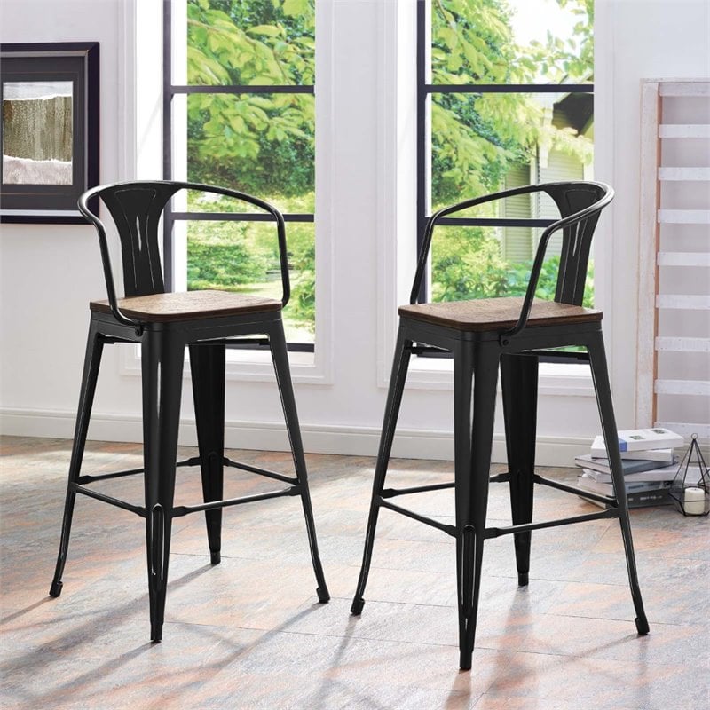 modway promenade 30&quot modern metal bar stools in black (set of 2)