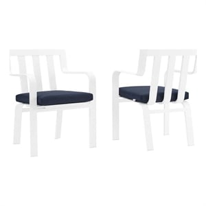 Modway Baxley 32&quot Modern Fabric Outdoor Patio Armchair in White/Navy (Set of 2)