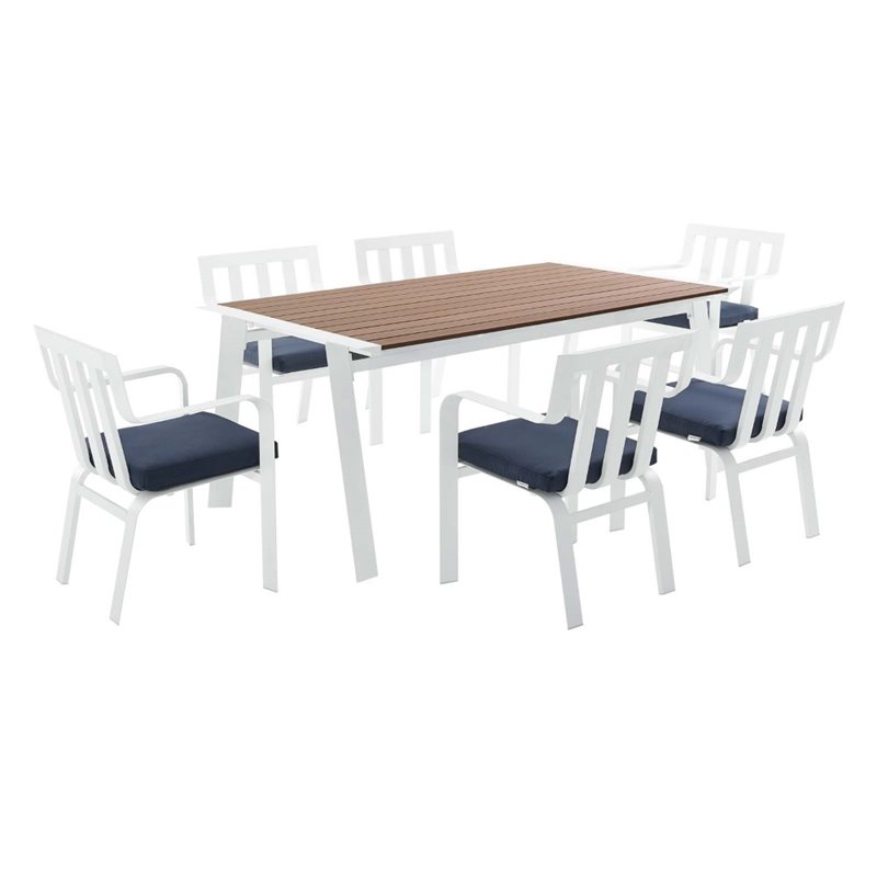 Modway Baxley 7 Piece Aluminum Patio Dining Set in White and Navy