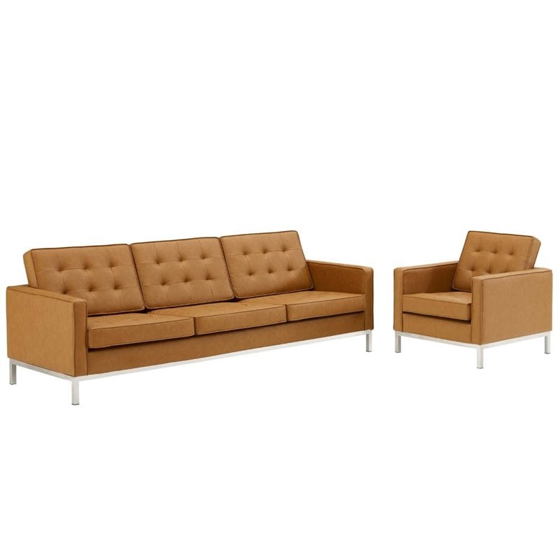 Modway Loft 2-Piece Modern Tufted Faux Leather Sofa and Armchair Set in Tan