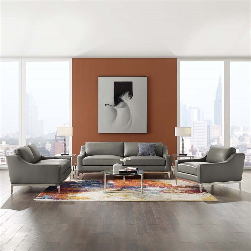 Modway Harness 3-Piece Stainless Steel & Leather Sofa Set in Gray