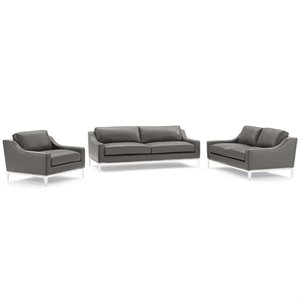 Modway Harness 3-Piece Stainless Steel & Leather Sofa Set in Gray