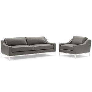Modway Harness Stainless Steel & Leather Sofa and Armchair Set in Gray