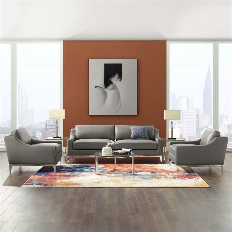 Modway Harness 3-Piece Stainless Steel and Leather Sofa Set in Gray