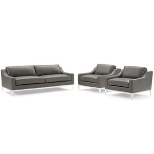 Modway Harness 3-Piece Stainless Steel and Leather Sofa Set in Gray