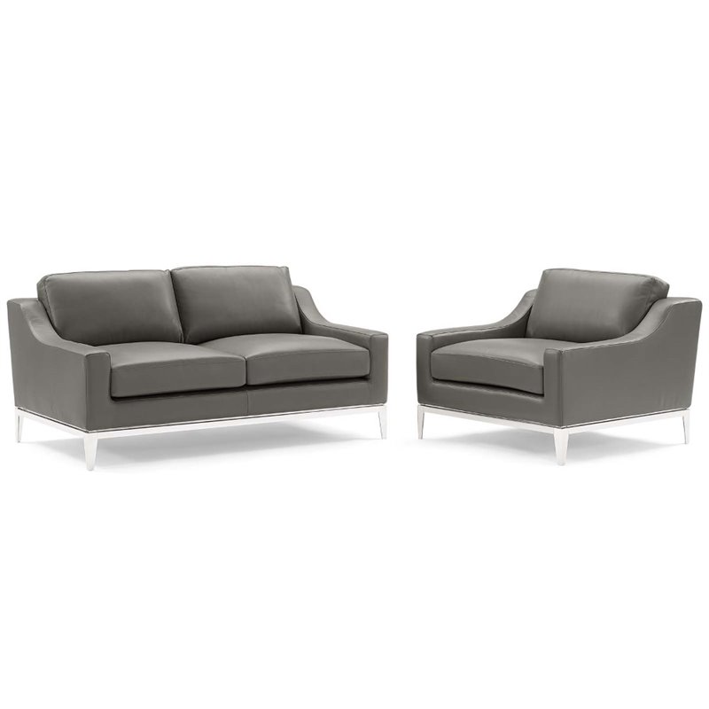 Modway Harness Stainless Steel & Leather Loveseat and Armchair Set in Gray