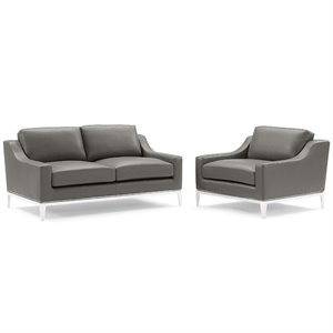 Modway Harness Stainless Steel & Leather Loveseat and Armchair Set in Gray