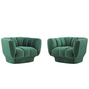 Modway Entertain Modern Channel Tufted Velvet Armchair in Green (Set of 2)