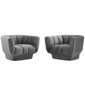 Modway Entertain Modern Channel Tufted Velvet Armchair in Gray (Set of 2)